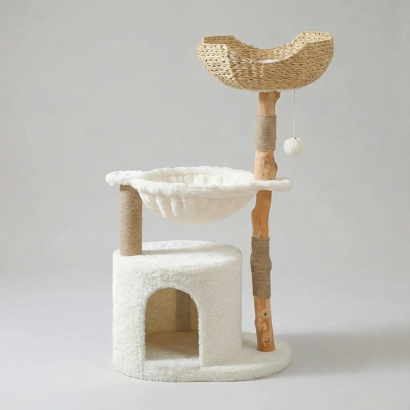 Arbre à Chat Bois & Rotin 102 cm "Le Naturaliste" - Tronc Véritable & Panier Tressé