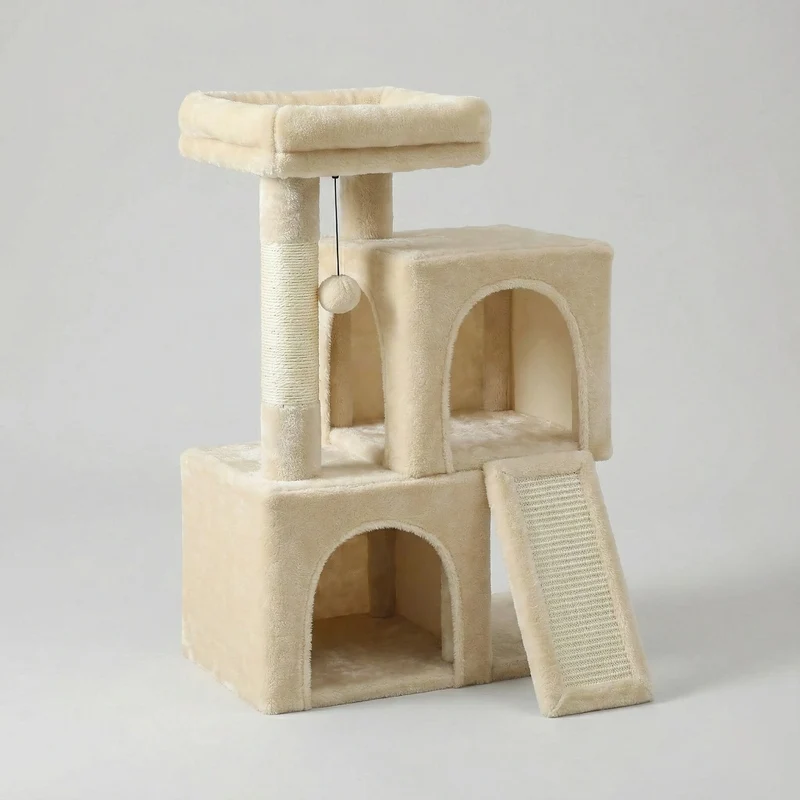 Arbre à Chat Compact 77cm "Le Douillet" - Double Niche & Perchoir Rembourré | Les Arbres à Chat