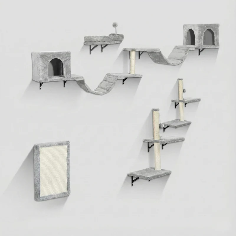 Parcours Mural pour Chat 8 Pièces - Ensemble Complet avec Niches, Pont & Griffoirs