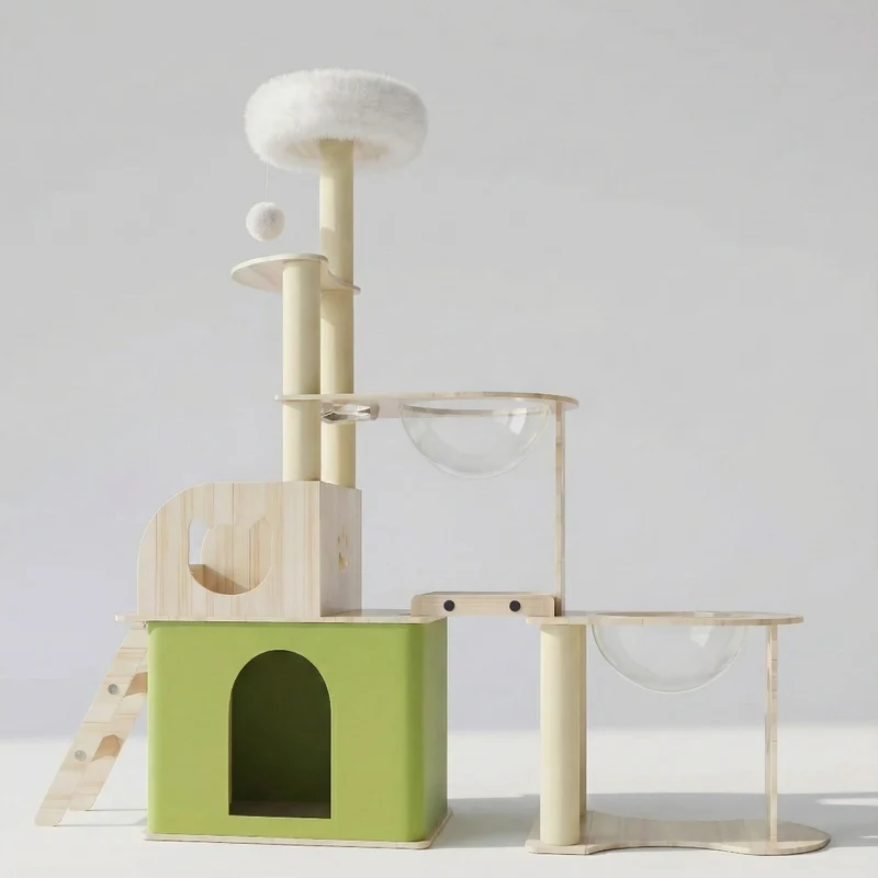 Arbre à Chat Bois XXL 150cm - Tour d'Escalade, Niche Cube Verte & Capsule