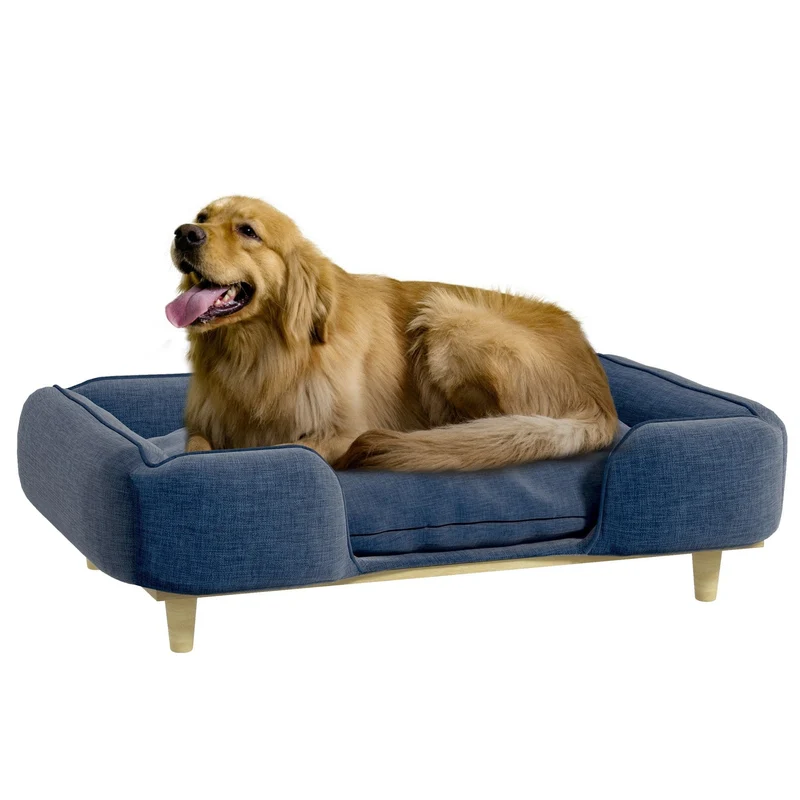Canapé premium bleu pour grand chien, lit surélevé, coussin lavable