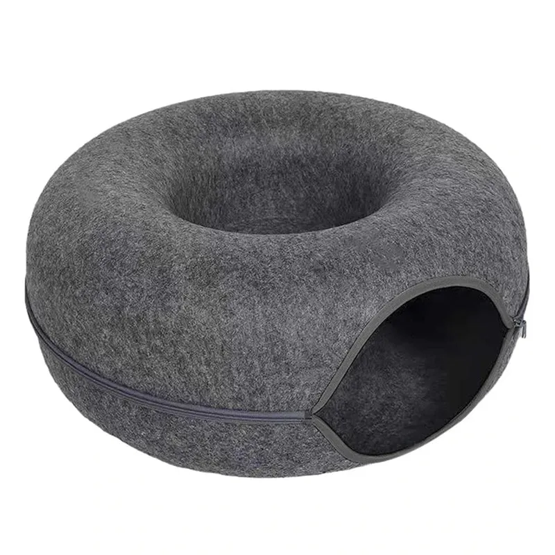 Lit beignet en feutre 2-en-1 pour chat et chien – tunnel interactif