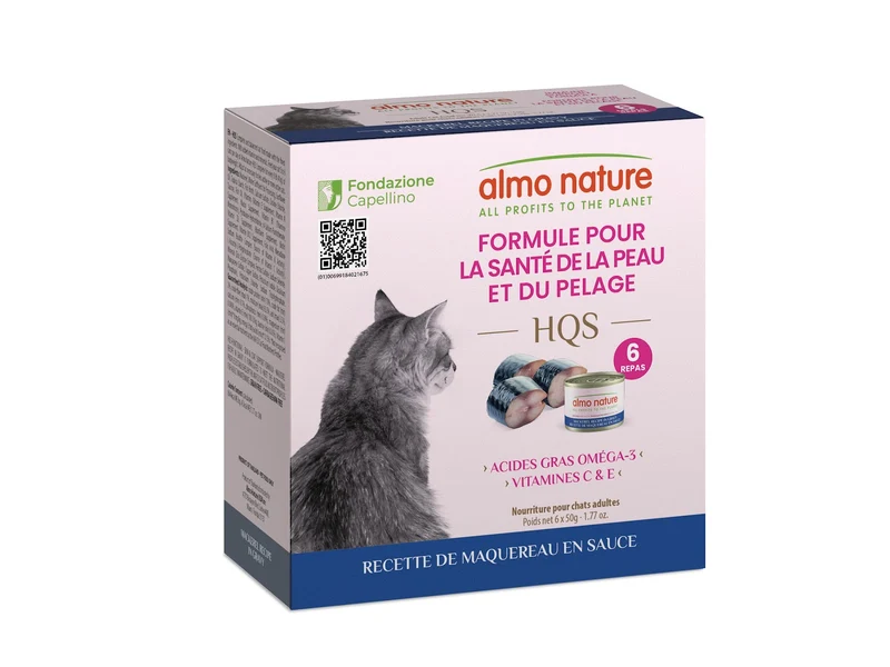 Almo Nature HQS Formule Soutien - Chat Santé de la Peau & Pelage, Maquereau en Sauce - 4 Boîtes de 6 x 50 g - Nourriture Humide pour Chats