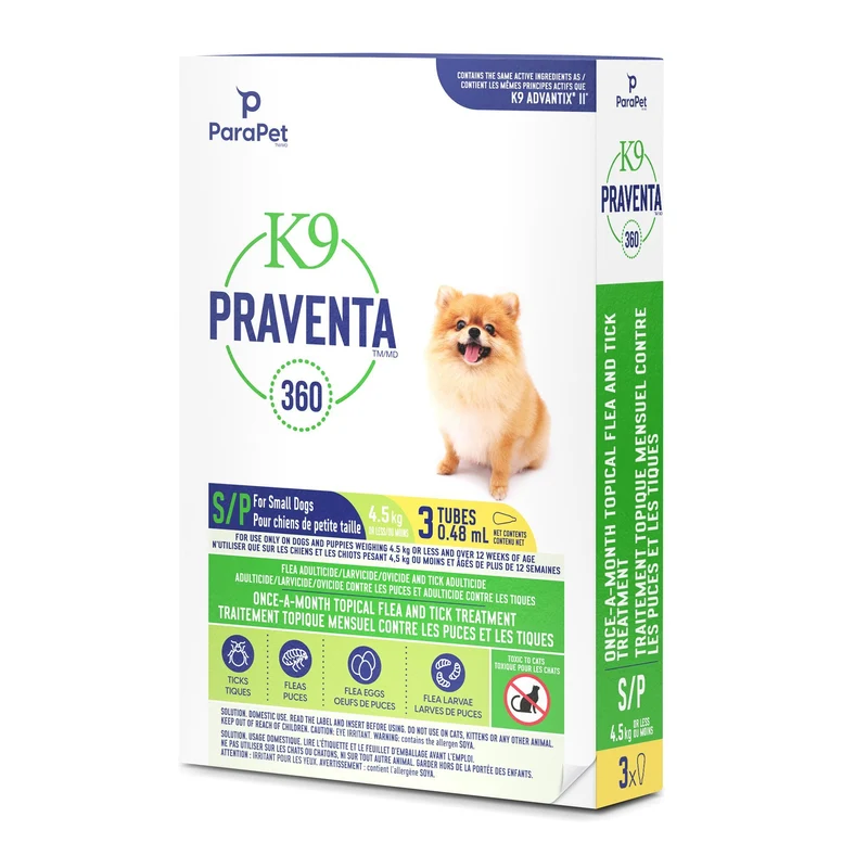 K9 Praventa 360 traitement contre les puces et les tiques pour chiens de petite taille jusqu’à 4,5 kg, 3 ou 6 tubes