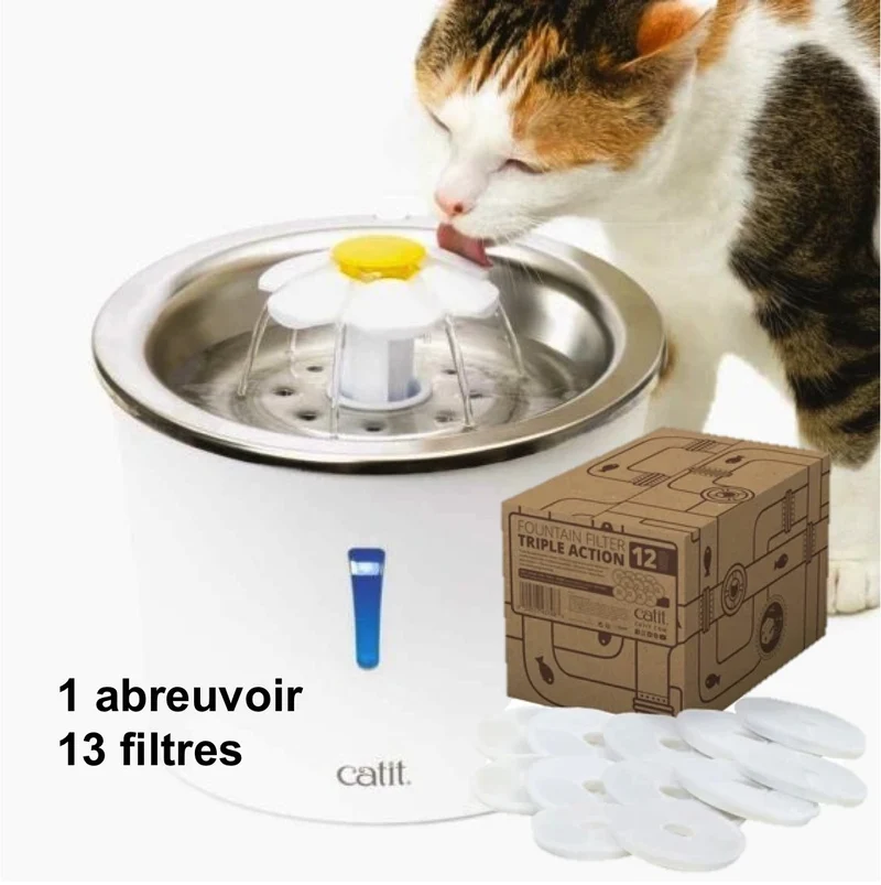 (KIT) Abreuvoir avec fleur et dessus en acier inoxydable Catit et filtre