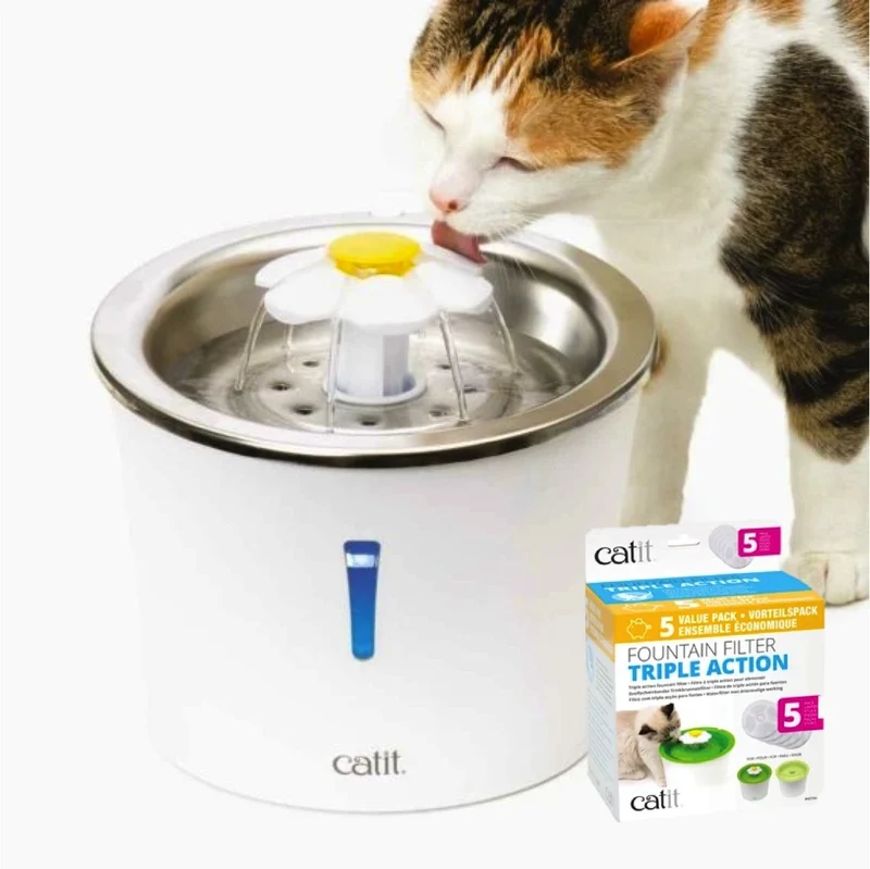 (KIT) Abreuvoir avec fleur et dessus en acier inoxydable Catit et filtre