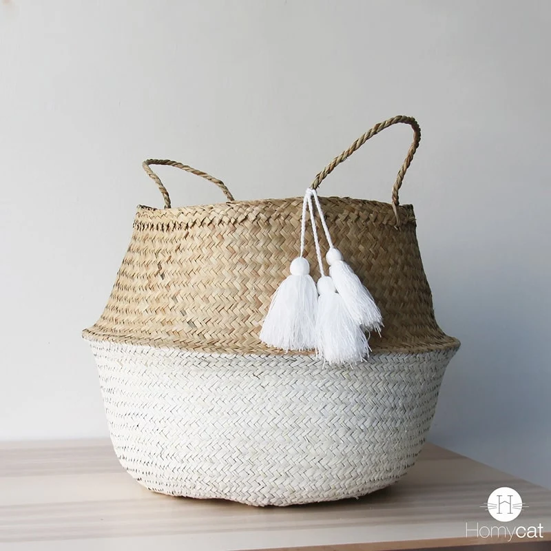 Panier Bicolore Blanc/Naturel à pompons