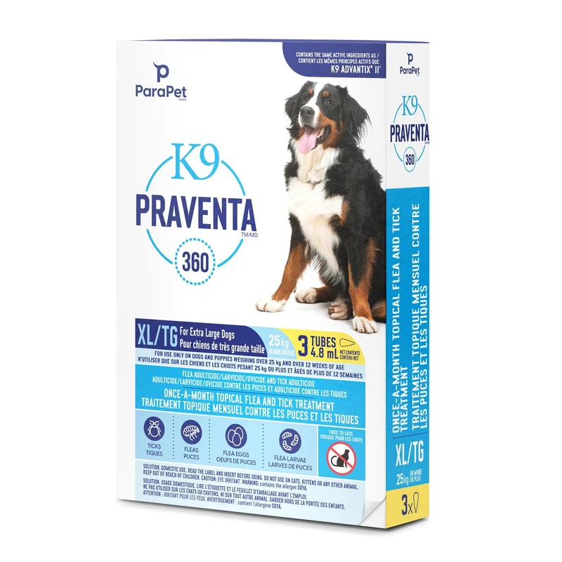 K9 Praventa 360 traitement contre les puces et les tiques pour chiens de très grande taille plus de 25 kg, 3 ou 6 tubes