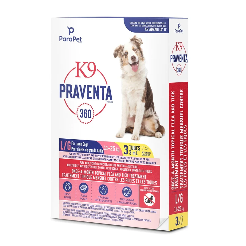 K9 Praventa 360 traitement contre les puces et les tiques pour chiens de grande taille, 11 kg à 25 kg, 3 ou 6 tubes