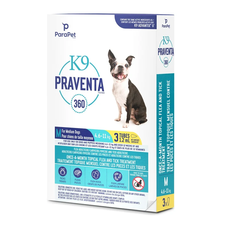 K9 Praventa 360 traitement contre les puces et les tiques pour chiens de taille moyenne, 4,6 kg à 11 kg, 3 ou 6 tubes