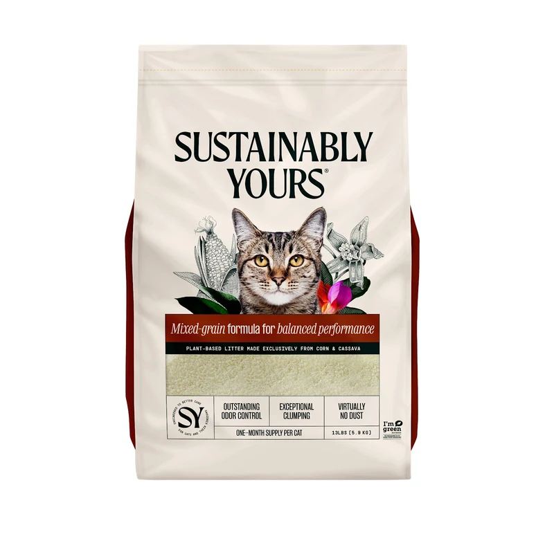 Sustainably Yours - Mixed-Grain - Litière Agglomérante Biodégradable à Base de Maïs et de Manioc pour Multi-Chats